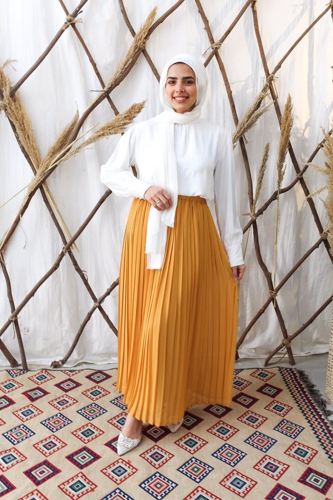 Hagag Plain Chiffon Pleated Skirt -Mustard