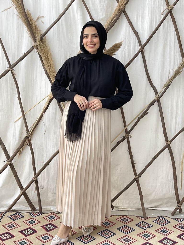 Hagag Plain Chiffon Pleated Skirt - Beige