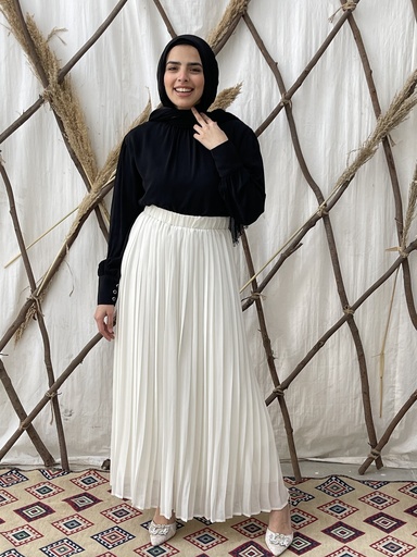 Hagag Plain Chiffon Pleated Skirt - Offwhite